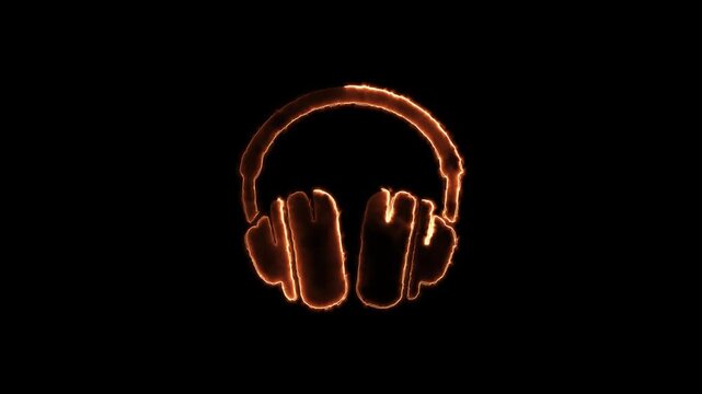 Neon Light Headphones, Podcast and Gaming Communication Icon for Online Streaming. Music icon isolated. Glowing neon headphone icon animation on headphones sign with alpha channel.