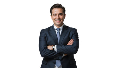 Smiling businessman in suit isolated on transparent background with arms crossed