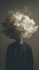 Man with cloud-like head representing thoughts and emotions in dark setting, vertical photo 