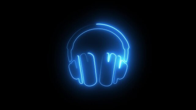 Neon Light Headphones, Podcast and Gaming Communication Icon for Online Streaming. Music icon isolated. Glowing neon headphone icon animation on headphones sign with alpha channel.
