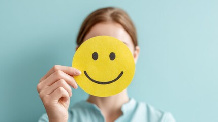 Person holding a smiley face in front of her face against a blue wall, symbolizing happiness and positive vibes for mental health awareness
