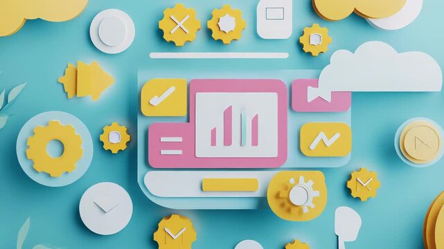 Software developing user interface surrounded by icons representing cloud computing and data analysis