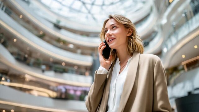 Confident businesswoman engaged in phone conversation inside contemporary atrium