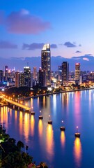 Obraz premium A vibrant cityscape at dusk, illuminated by the lights of numerous buildings reflected in the tranquil waters of a river, showcasing a modern urban landscape at night.