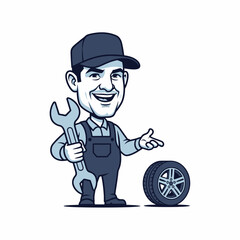 Obraz premium Cartoon mechanic with wrench and car tire illustration