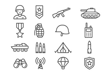 Army thin line icon set. Military and defense outline symbols. Soldier, tank, weapon, and war pictograms for web design, apps, and infographics. Vector signs collection.