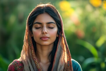 Young Indian woman practicing yoga in nature, standing with closed eyes, meditating and finding peace in the outdoors, demonstrating the connection between wellness and nature, Generative AI