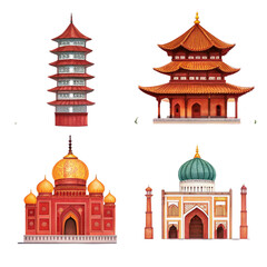 Asian architecture featuring pagodas and islamic mosques with intricate designs oriental landmarks and cultural heritage destinations and iconic religious buildings on black background