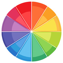 Colorful pie chart diagram divided into segments showcasing data visualization in spectrum from red to purple