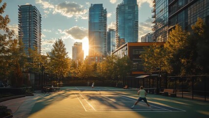 Men Playing Tennis at Sunset in Urban Park - Powered by Adobe