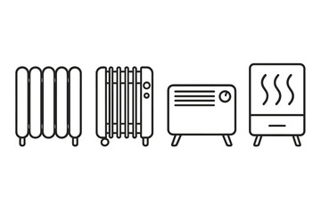 Minimalist line art heaters set with diverse designs and styles, including classic radiator, oil-filled, convection, and electric room heaters, vector cartoon illustration on transparent background