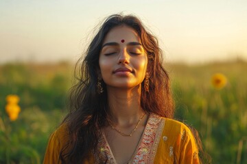 Young Indian woman practicing yoga in nature, standing with closed eyes, meditating and finding peace in the outdoors, demonstrating the connection between wellness and nature, Generative AI