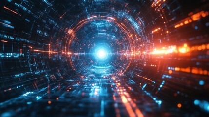 Futuristic Data Tunnel with Luminous Blue and Orange Light Trails