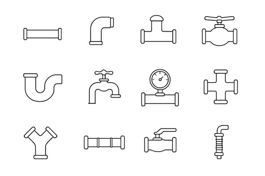 Plumbing pipe line icon set. Vector collection of pipeline parts, water faucet, valve, and tube fittings. Industrial outline symbols for construction and sanitary engineering.