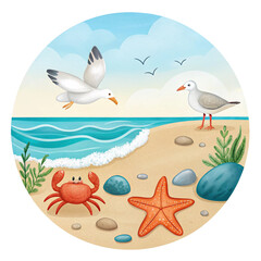 Cartoon Beach Scene with Crab Starfish and Seagulls Flying over the Ocean Illustration for Childrens Books and Educational Materials a Colorful and Cheerful Image