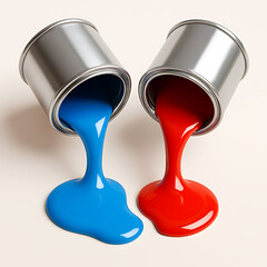 Two paint cans with blue and red paint isolated on white background, art