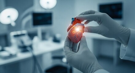 Doctor holding a heart model in an operating room.
