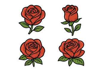Red rose flower hand drawn vector illustration set. Vintage tattoo style botanical art collection. Isolated cartoon floral graphic elements for logo, sticker, or print design.