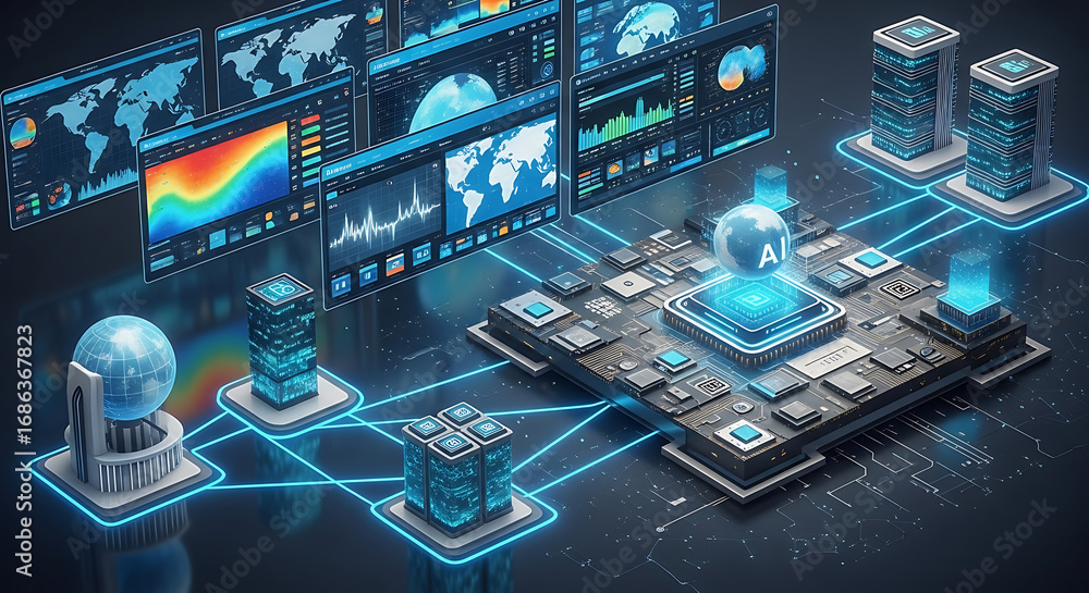 Aufkleber ai data processing network with world maps and circuit boards connected by glowing blue lines and sp