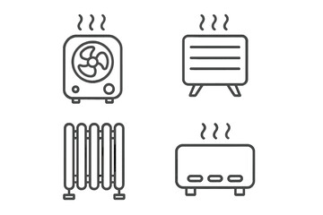 Minimalist line icons of heaters and radiators for home heating themes, vector cartoon illustration with transparent background, set of modern heating appliances and radiators