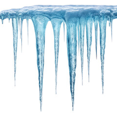 Close up of sharp blue icicles hanging from a frozen surface isolated on transparent background