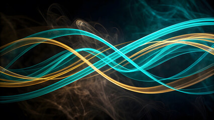 Abstract Teal and Gold Swirling Light Waves on Black Background texture