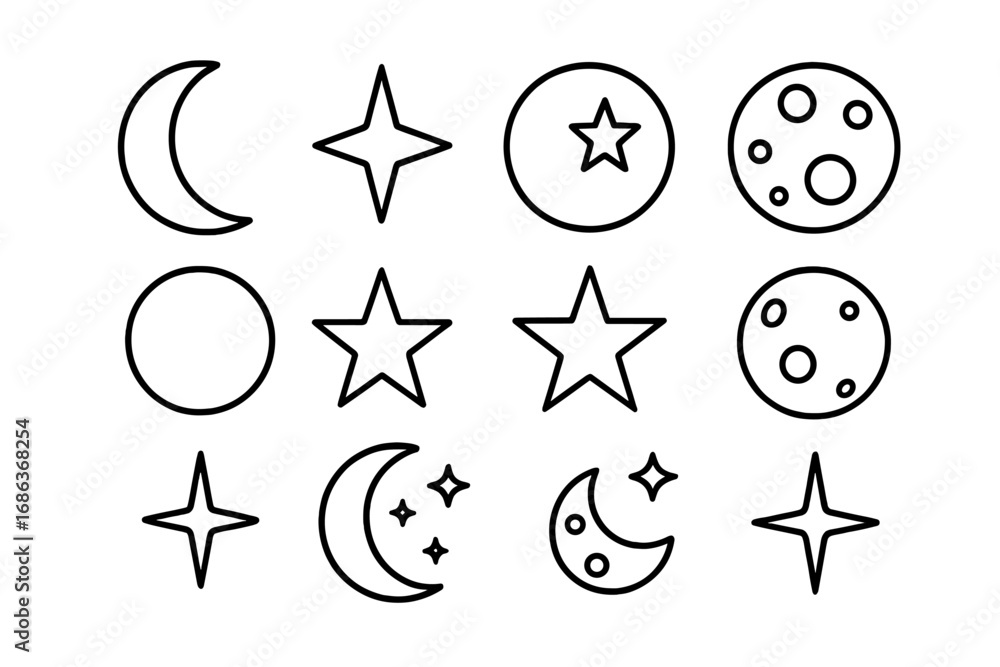 Poster celestial line icon set. editable stroke vector graphics. astronomy symbols collection with moon, st