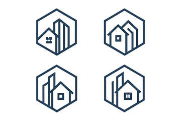 Set of real estate logo templates. Modern line art house and city building icons in hexagon. Vector for construction, architecture, property, urban development, corporate identity.