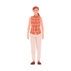 Woman in ordinary simple casual clothing. Young female in modest everyday outfit, unfashionable apparel, regular ponytail hairstyle, average look. Flat vector illustration isolated on white background