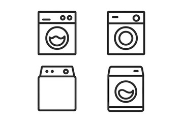 Minimalist linear icons of various washing machines and home appliances, simple modern vector cartoon illustrations with transparent background, ordered set for domestic laundry and household concepts