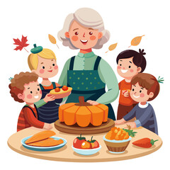 Grandmother and children baking a pumpkin cake