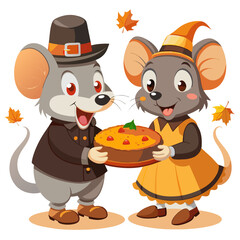 Two cartoon mice are holding a pie