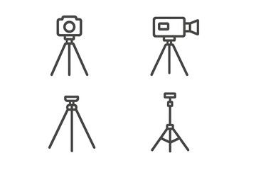 Minimalist linear tripod icons set for photography and videography equipment, camera and video camera stands, professional photo and film gear illustration, transparent background