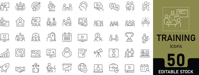 Training icon set with editable line icons for coaching, workshop, education, seminar, advice, support, learning, webinar, skills, and business. Vector illustration.