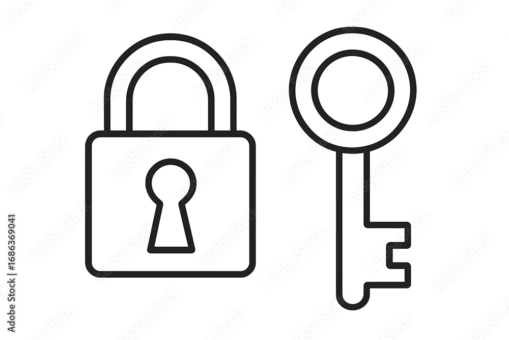 Poster lock and key icon. line art vector illustration for security, safety, and access concepts. simple ou
