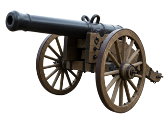 Antique cannon on wooden carriage isolated on transparent background