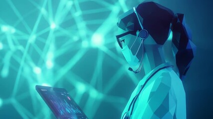 Doctor wearing headset and mask analyzing medical data on tablet with futuristic interface - Powered by Adobe