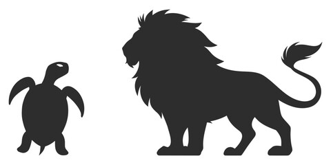 Majestic lion and tiny turtle silhouette duo for graphic design projects