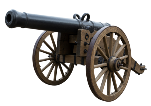 Antique cannon on wooden carriage isolated on transparent background - Powered by Adobe