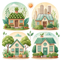 Sustainable Living Eco Friendly Houses in Watercolor Style Representing Green Energy and Environmental Conservation Promoting Harmony Between Nature and Urban Development