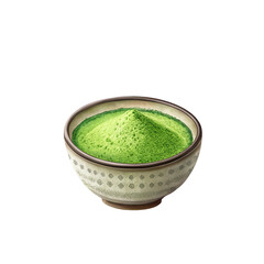 A small ceramic bowl filled with vibrant green matcha powder for traditional japanese tea ceremony isolated on transparent background