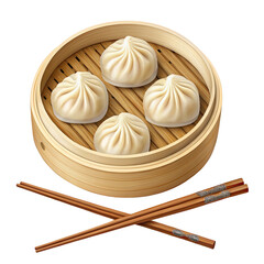 Delicious steamed dumplings in a bamboo steamer basket with chopsticks isolated on transparent background