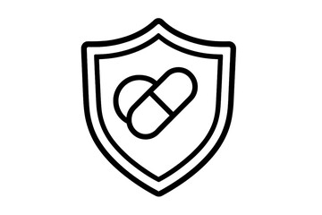 Medical protection shield icon. Health insurance, medication safety, drug defense concept. Pharmacy symbol with pill, capsule. Healthcare security vector line illustration for web.