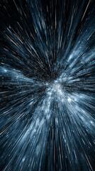 Hyperspace jump through stars and blue nebula, speeding through a luminous space tunnel for galaxy exploration and sci-fi interstellar travel.