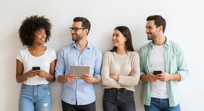 Diverse Group of Young Professionals Smiling and Connecting | Modern Team Collaboration for Business, Marketing and Social Media Campaigns