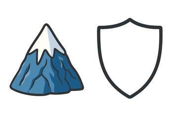 Mountain with snow peak and shield outline icon set. Vector concept for a security logo, adventure emblem, travel brand, or protection symbol. Nature illustration for business.