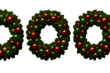 Three festive christmas wreaths adorned with red baubles and twinkling lights forming the number 2023 isolated on transparent background