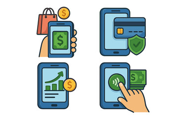 Mobile payment apps showcasing secure transactions, online shopping, contactless payments, digital banking, financial growth, and convenient money management cartoon vector illustration