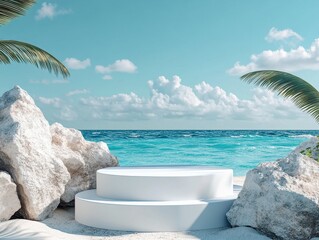 premium quality image of White podium stands on a tropical beach overlooking a turquoise sea
