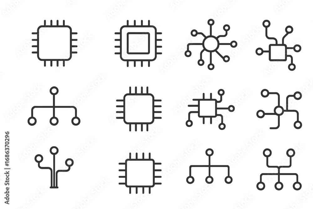 Poster technology line icons set. chip, processor, cpu. scheme, circuit, network concept. data connection, 